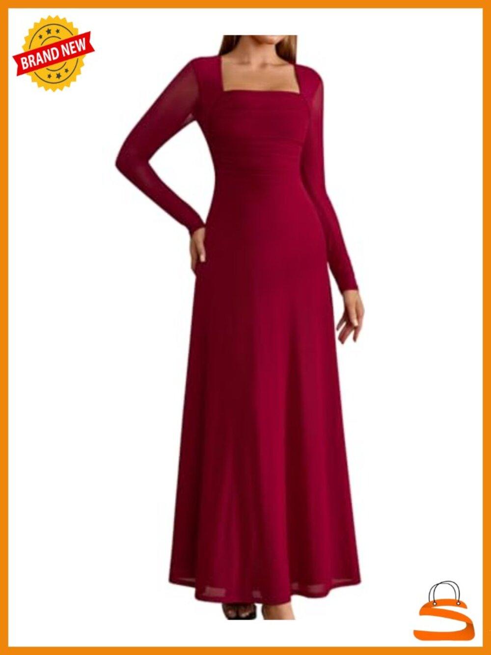 Long Sleeve Mesh Maxi Dress Square Neck Bodycon Semi Formal Wedding Guest